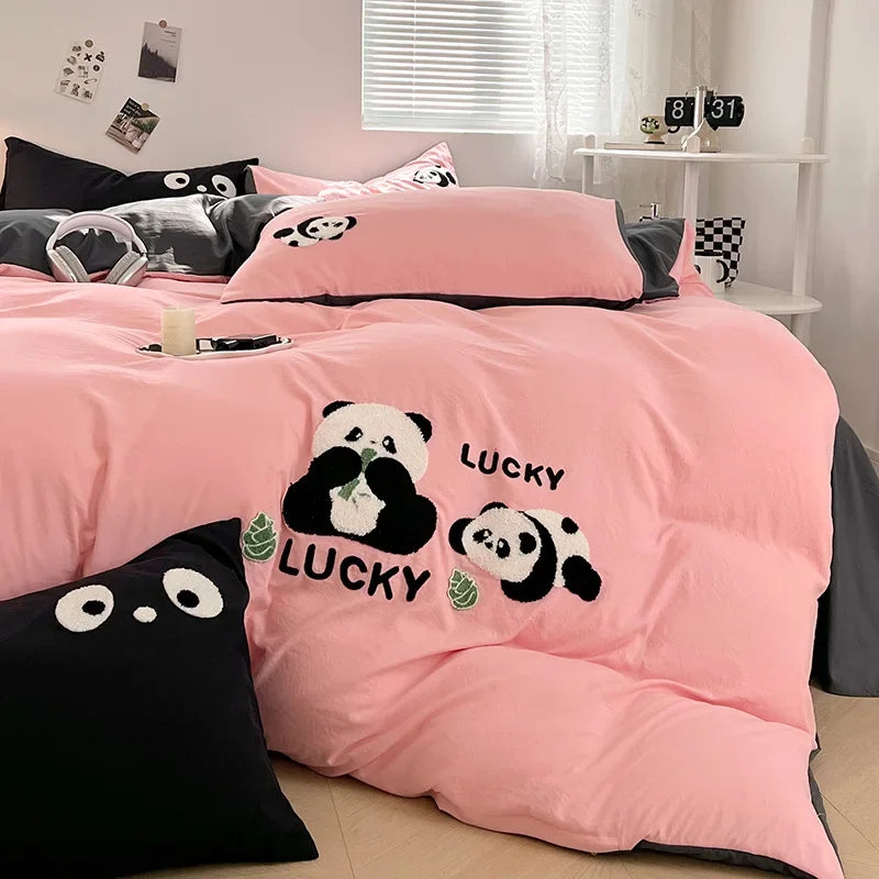 Afralia™ Panda Embroidery Washed Cotton Comforter Set with Fitted Sheet