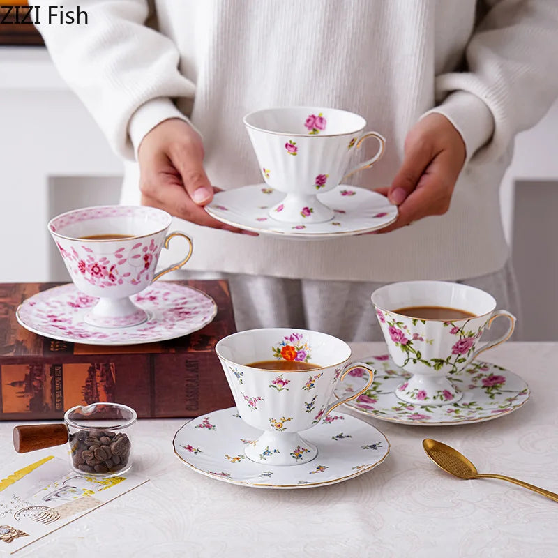 Afralia™ Floral Ceramic Cup & Saucer Set, Elegant Tea & Coffee Mug