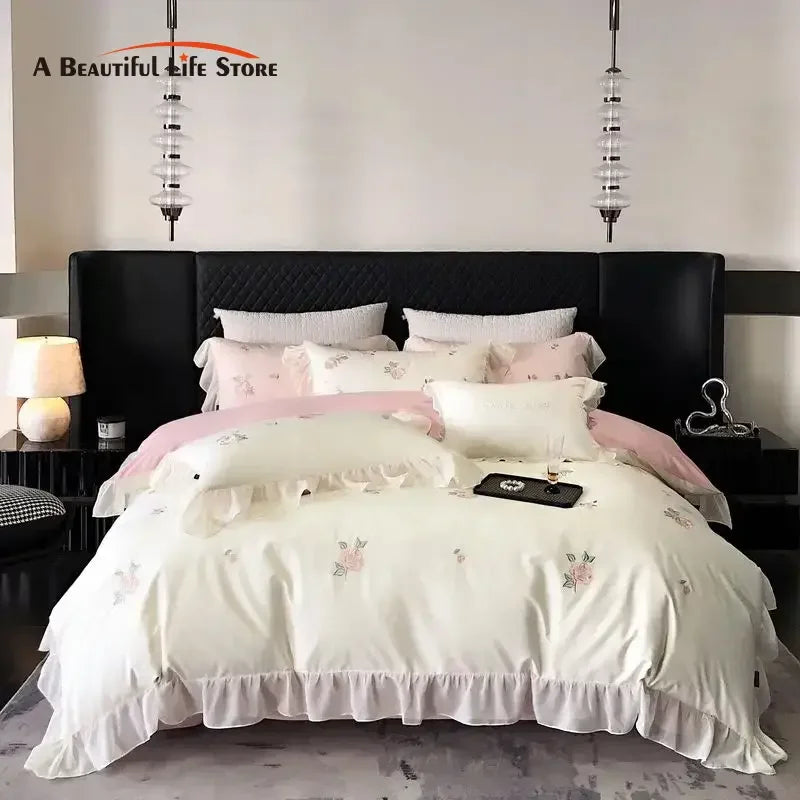 Afralia™ Rose Flowers Cotton Lace Ruffles Wedding Bedding Set