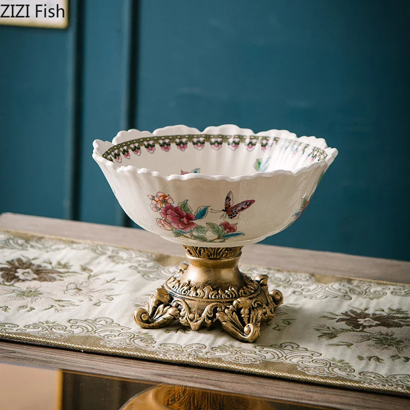 Afralia™ Colorful Flower Pattern Fruit Bowl Tray, High-Footed Dessert Plate for Coffee Table