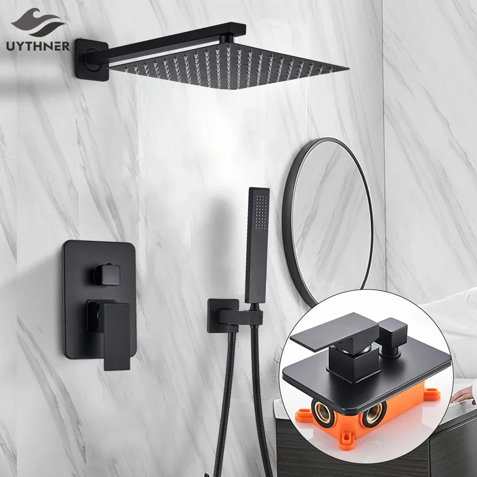 Afralia™ Wall Mounted Black Bath Shower Set Rainfall System with Hand Sprayer