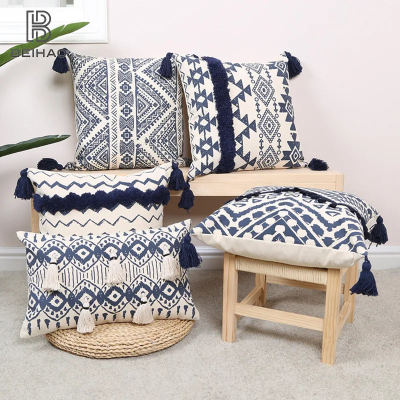 Afralia™ Ethnic Geometric Printed Tufted Tassels Cushion Cover for Sofa Living Room