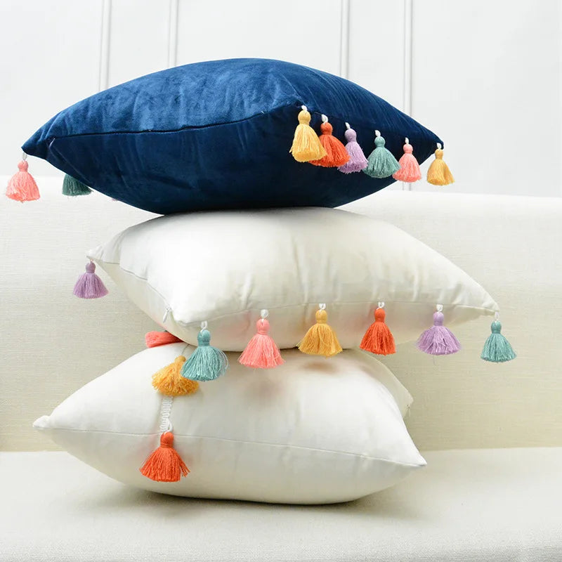 Soft Velvet Chinese Tassel Cushion Cover 45*45cm by Afralia™ - Colorful Fringe Decorative Pillow