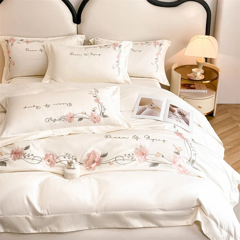Afralia™ Luxe Floral Embroidery Bedding Set, Queen/King, 100% Cotton