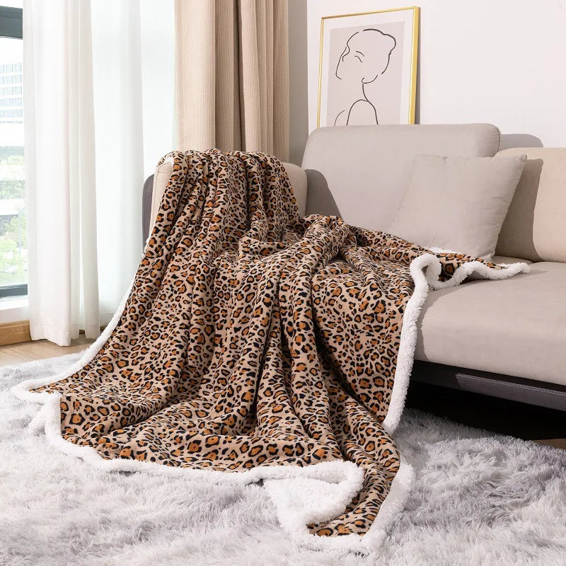 Afralia™ Double Layer Leopard Print Coral Fleece Blanket - 150X200Cm Office Bedspread