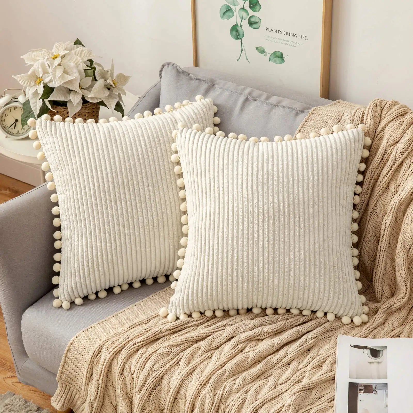 Afralia™ Striped Corduroy Pom-pom Cushion Covers - Skin Friendly Solid Color Pillow Sham