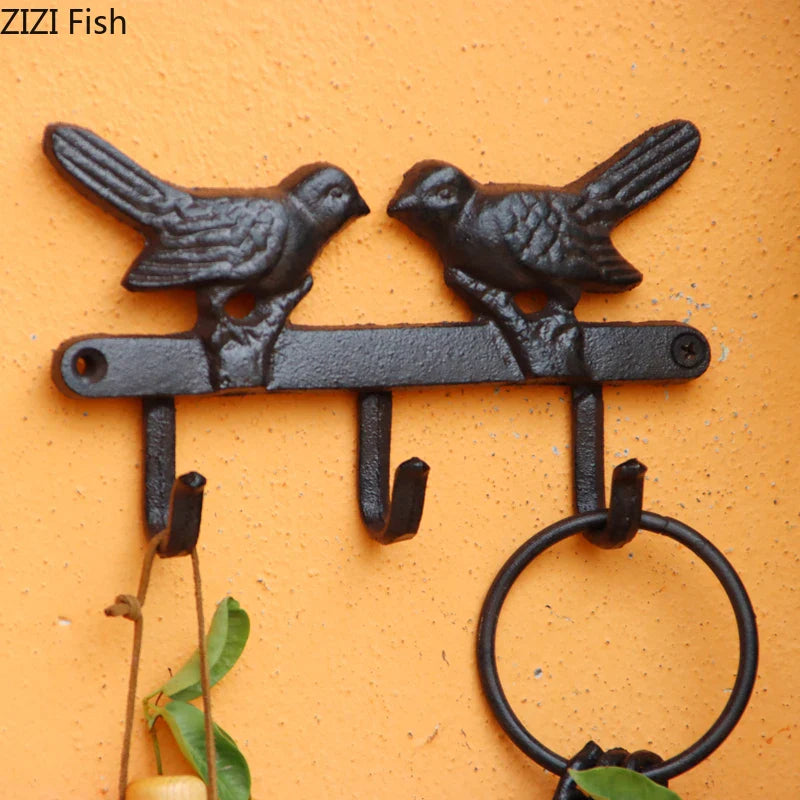 Afralia™ Bird Hook Wall Shelf | Black Iron Coat Rack for Vintage Outdoor Decor