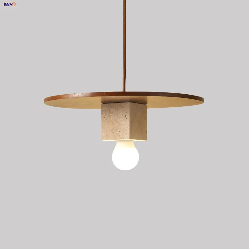 Afralia™ Round Wood LED Pendant Light | Yellow Travertine Stone | Wabi Sabi Home Decor