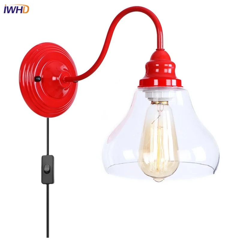 Afralia™ Vintage Red Iron LED Wall Sconce Glass Lamp for Home Decor