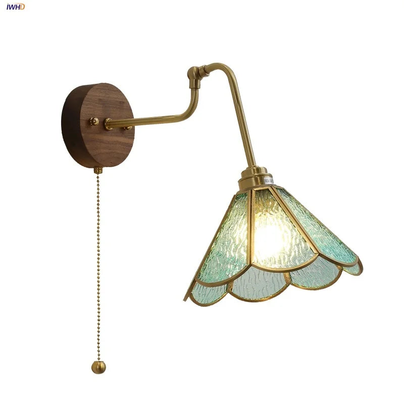 Afralia™ Tiffany Blue Glass LED Wall Light with Rotating Pull Chain Switch