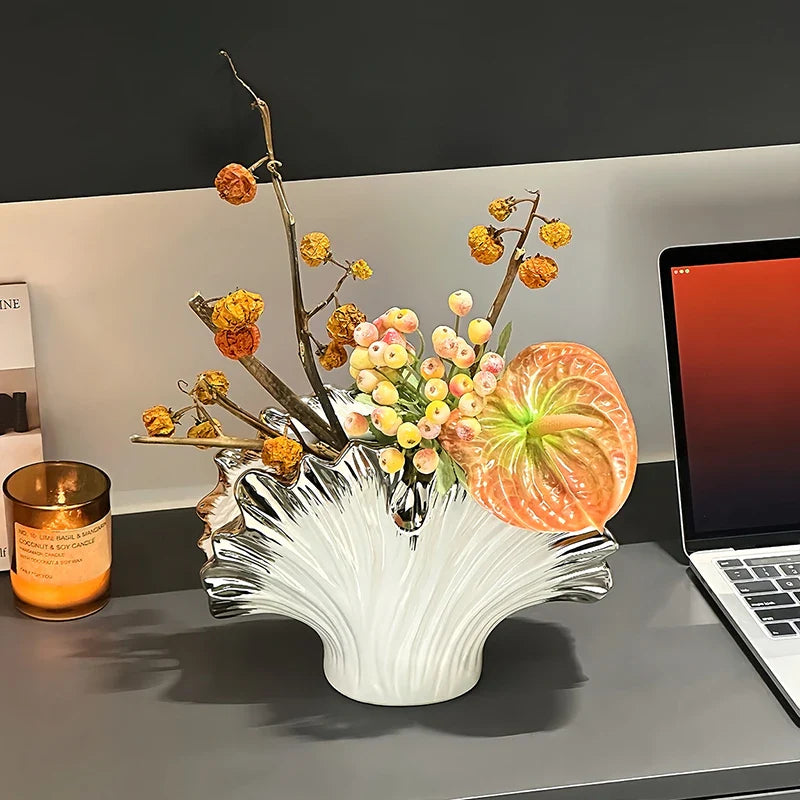 Afralia™ Silver Shell Vase for Home Decor and Flower Arrangement