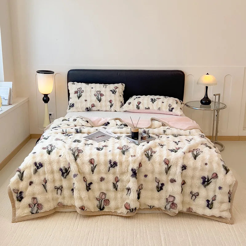 Afralia™ Cartoon Printed Faux Rabbit Plush Thick Blanket for Office Nap and Sofa Warmth