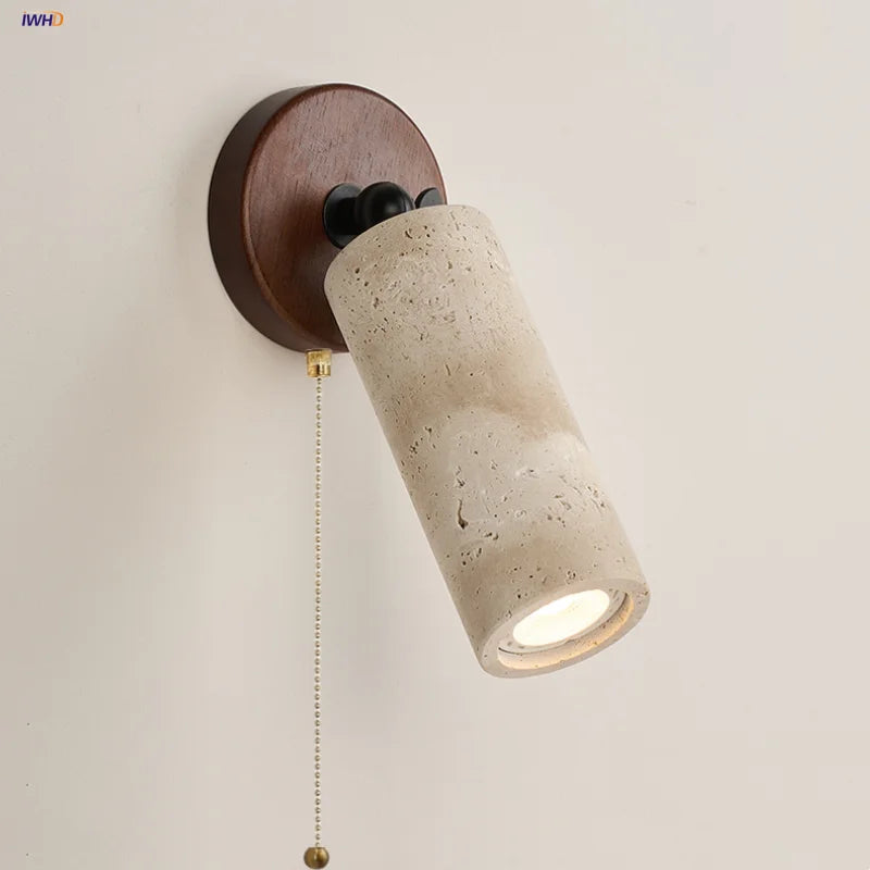 Afralia™ Yellow Travertine LED Wall Lamp with Pull Chain Switch, Japanese Style, Rotate Stair Light