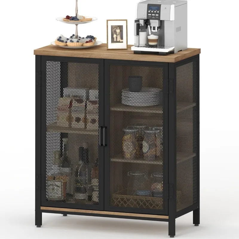 Afralia™ Small Coffee Bar Cabinet for Liquor - Rustic Industrial Accent Cabinet with Adjustable Shelves and Mesh Doors