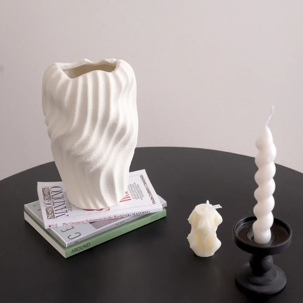 Afralia™ Irregular Wavy Patterns Ceramic Vase White Pot Home Decoration