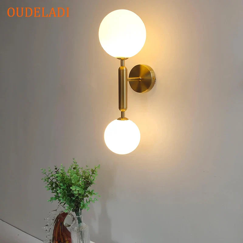 Afralia™ Golden LED Wall Sconce with Milky Glass Ball, 2 G4 Bulbs