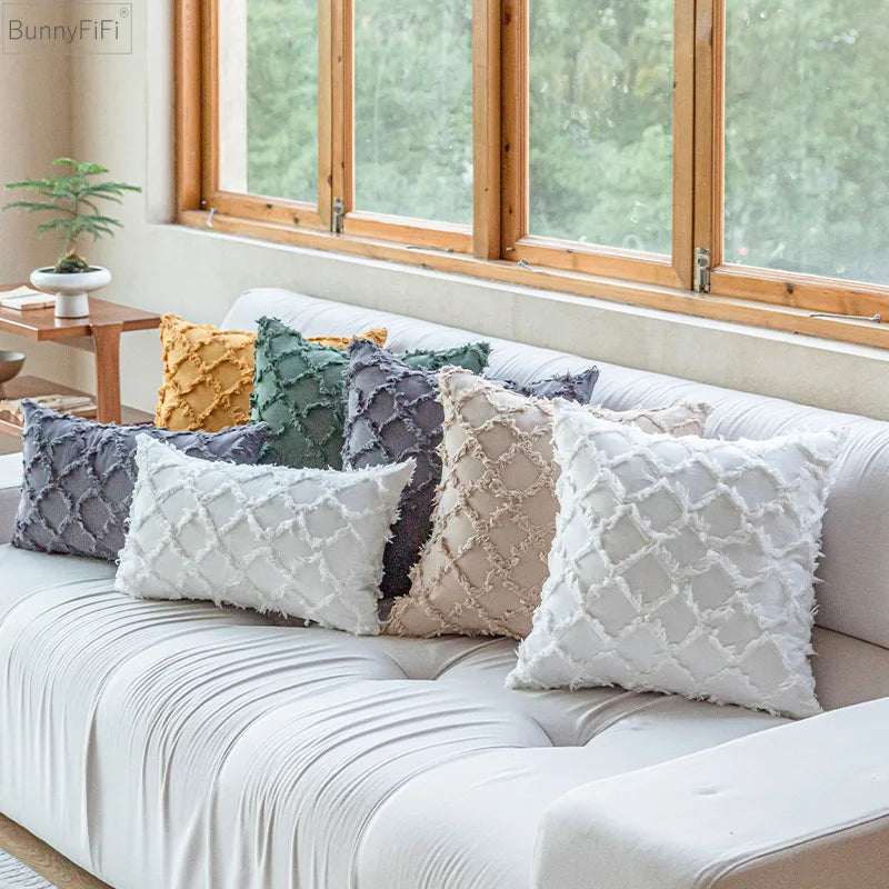 Afralia™ Cotton Diamond Cushion Cover in Mustard Orange Beige for Living Room Sofa Bed