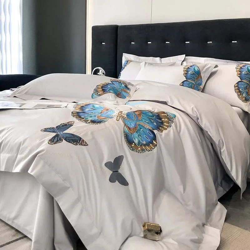 Afralia™ Butterfly Embroidery Bedding Set: King/Queen/Ru Size Bed Linens, Sheet, Pillowcase, Comforter Cover