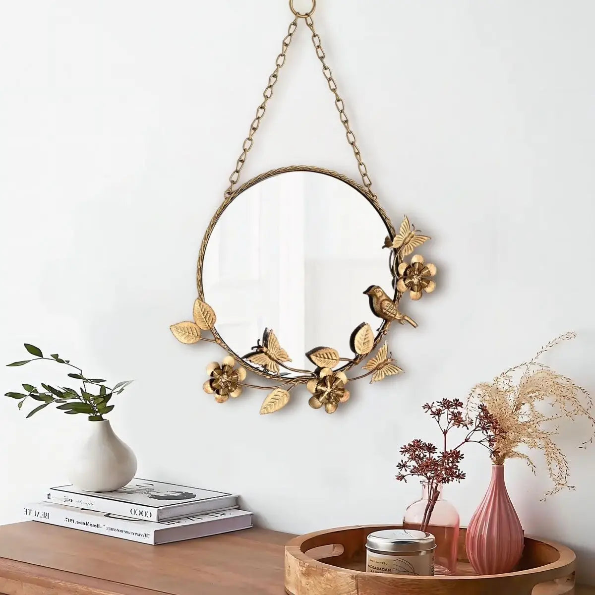 Afralia™ Metal Flower and Bird Decorative Mirror, Wrought Iron Retro American French Style Mirror