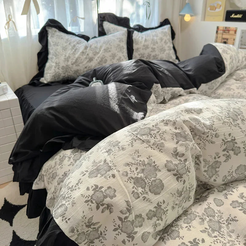 Afralia™ French Washed Cotton Princess Flower Quilt Cover Set - Spring Floral Bedding