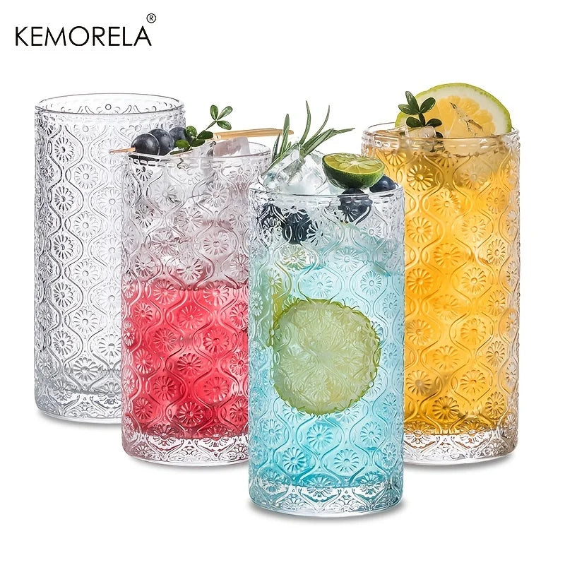 Afralia™ 4-Piece Vintage Embossed Glassware Set | Elegant Cocktail Glasses for Bar and Beverages