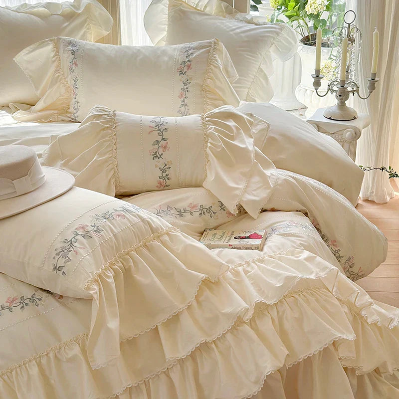 Afralia™ Luxe Three-Layer Ruffles Flowers Embroidery Cotton Girl Bedding Set 4Pcs