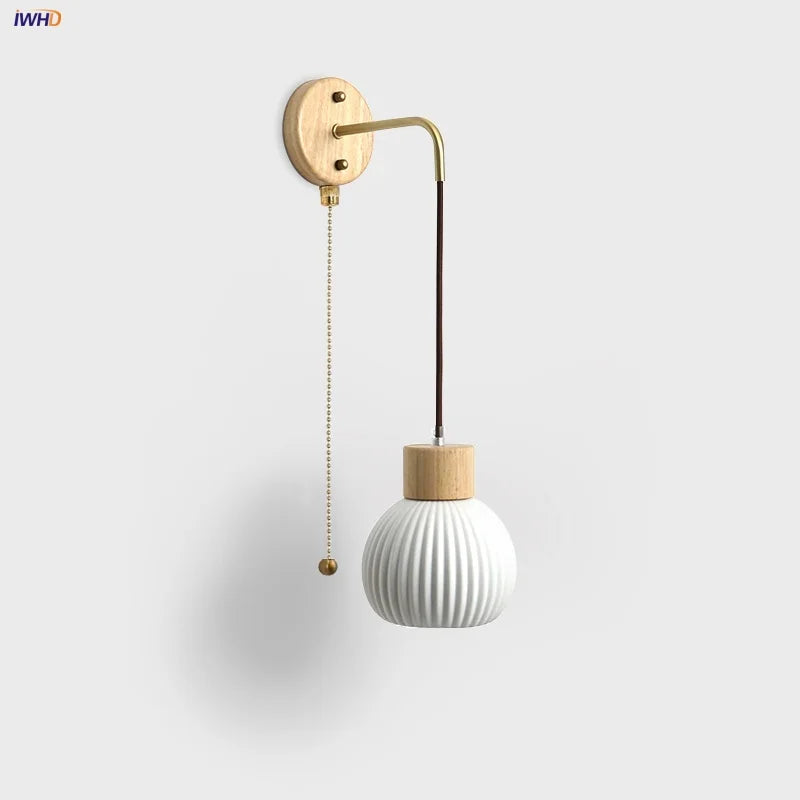 Afralia™ Nordic LED Wall Sconce Pull Chain Switch Ceramic Wood Mirror Light