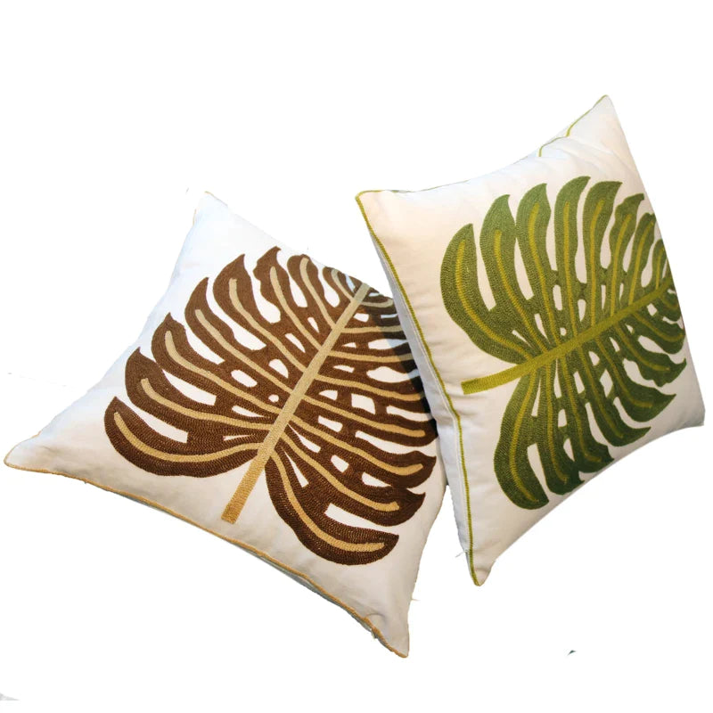 Afralia™ Embroidered Plant Cotton Linen Cushion Cover, Green Flower, Home Decor