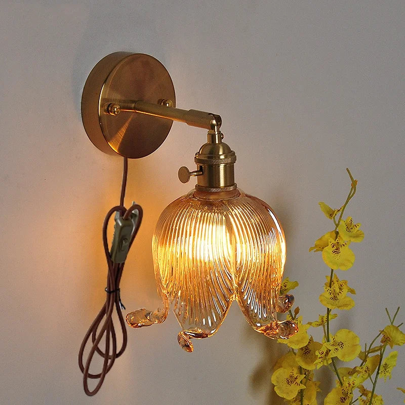Afralia™ Loft Amber Glass LED Wall Light Fixture with Vintage Knob Switch
