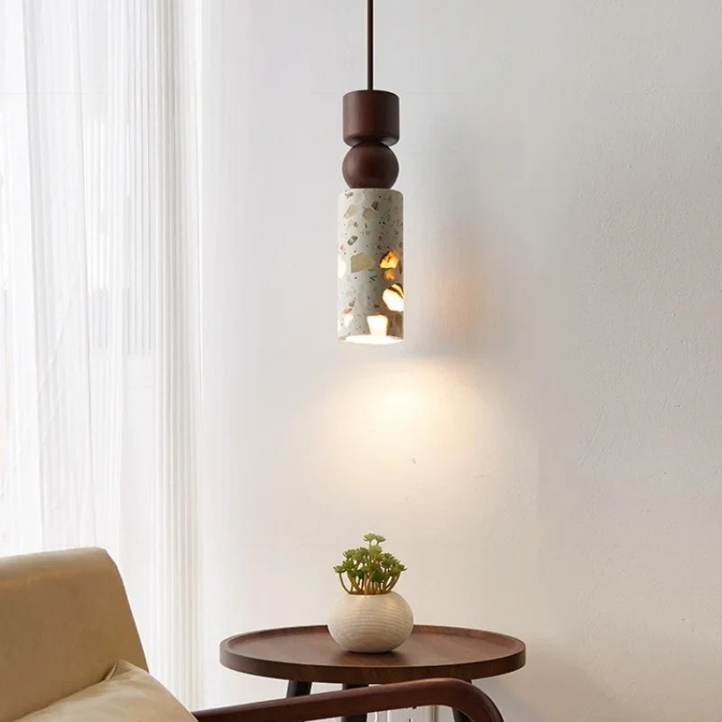 Afralia™ Terrazzo Wood LED Pendant Light for Bedroom Dining Room Japanese Vintage Style