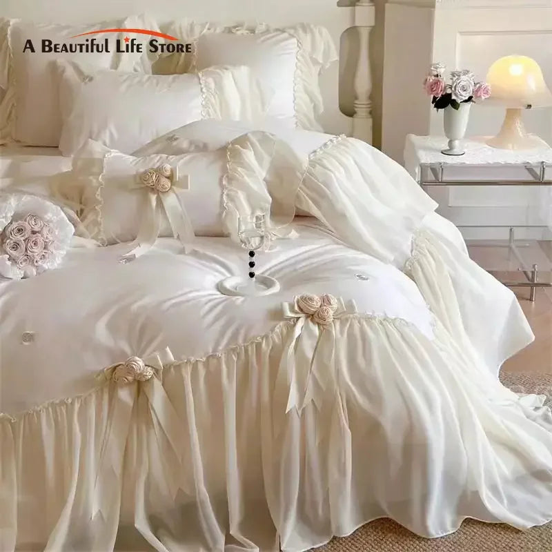Afralia™ Romantic Rose Lace Ruffles Princess Wedding Bedding Set - 1200TC Egyptian Cotton