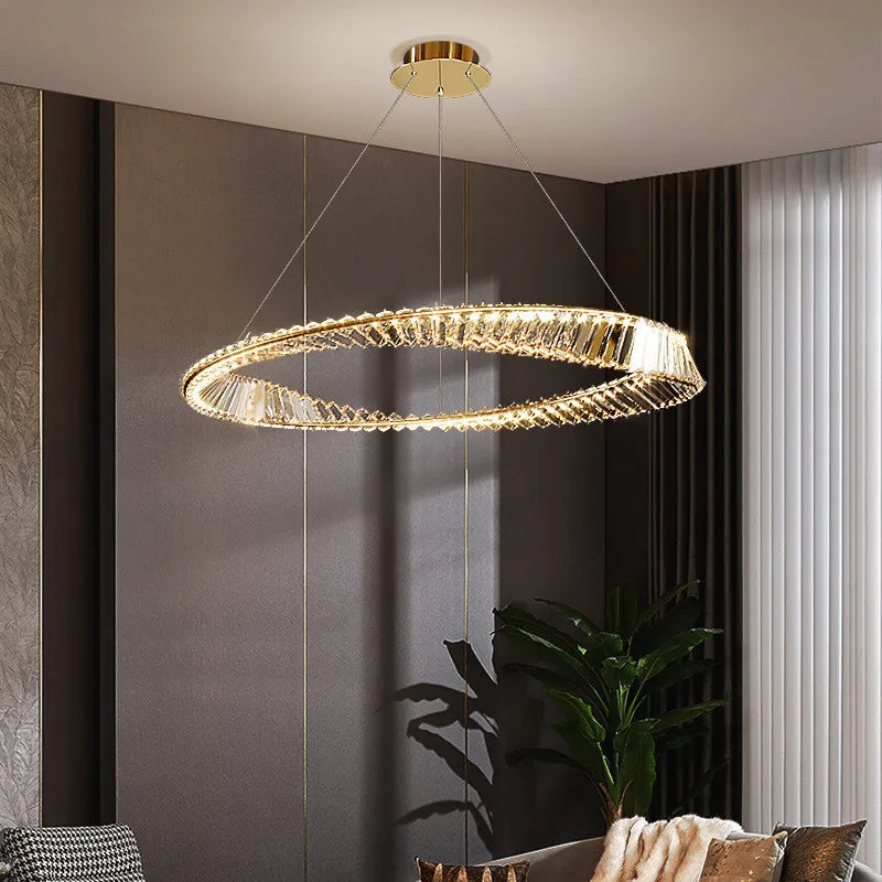 Afralia™ Gold Steel Rings Crystal Pendant Light