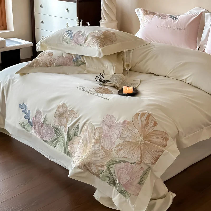 Afralia™ Luxury Flowers Embroidery Bedding Set Cream White 1000TC Egyptian Cotton Princess Suite