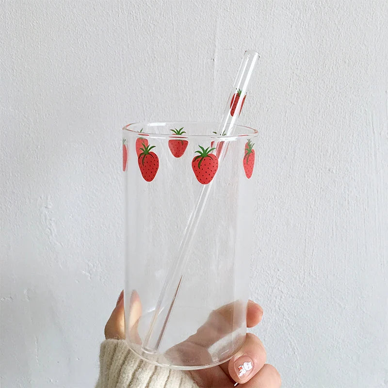 Afralia™ Strawberry Glass Cup 300ml with Straw, Heat Resistant, Transparent, Cute Design