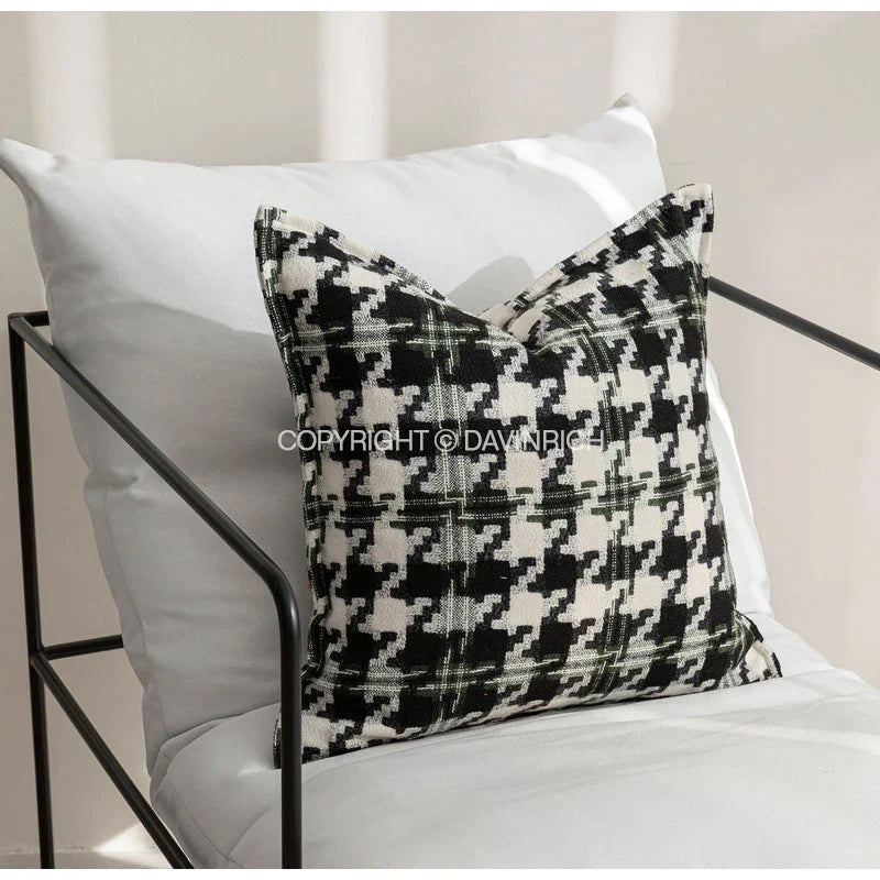Afralia™ Houndstooth Square Cushion Cover - Black White Green Luxury Contemporary Pillow Case
