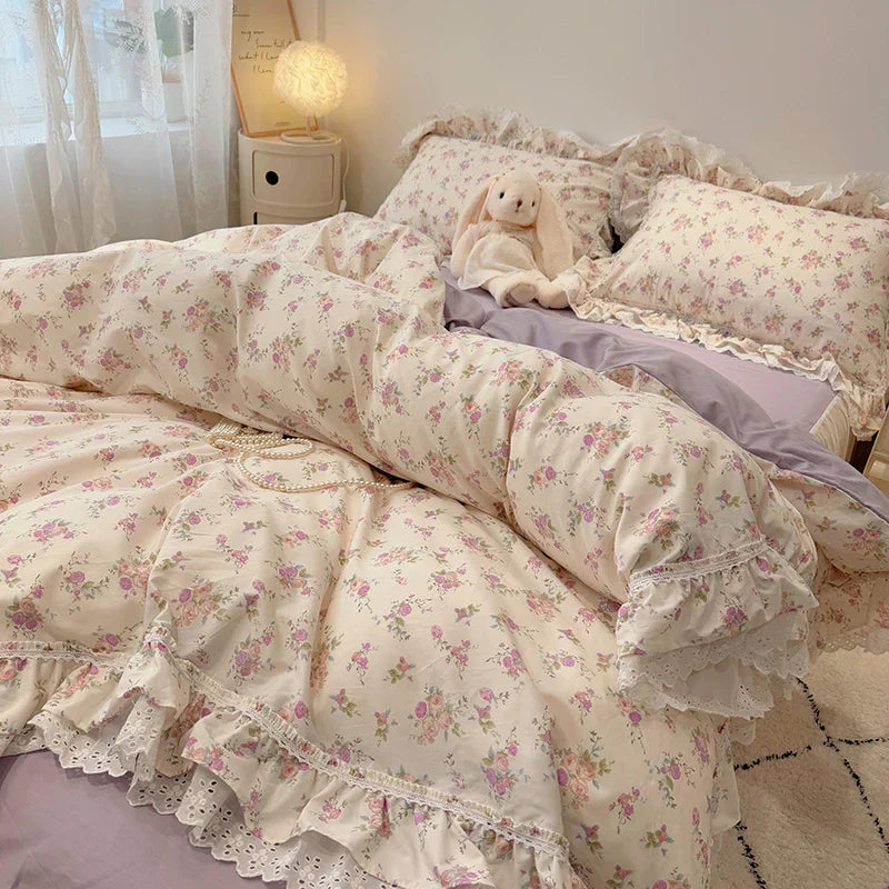 Afralia™ Korean Princess Style Floral Lace Ruffles Bedding Set with Pillowcase