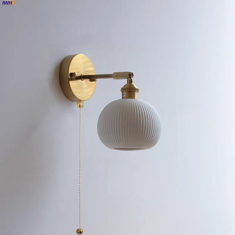 Afralia™ White Ceramic LED Wall Sconce with Pull Chain Switch & Rotate Copper Finish