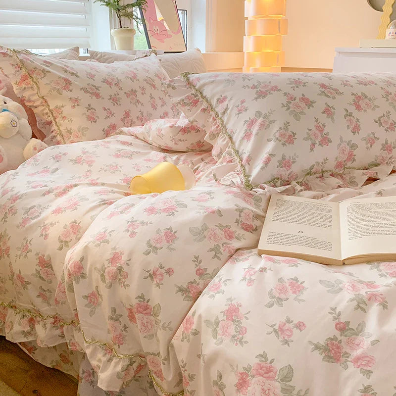 Afralia™ Floral Lace Ruffles Girl Bedding Set with Quilt/Duvet Cover, Sheet & Pillowcases