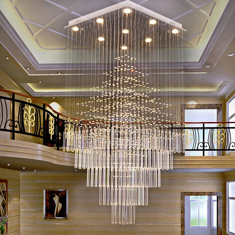 Afralia™ Columnar Crystal Chandelier with Square Base for Living Room, Stair Loft - Modern Hanging Lamp