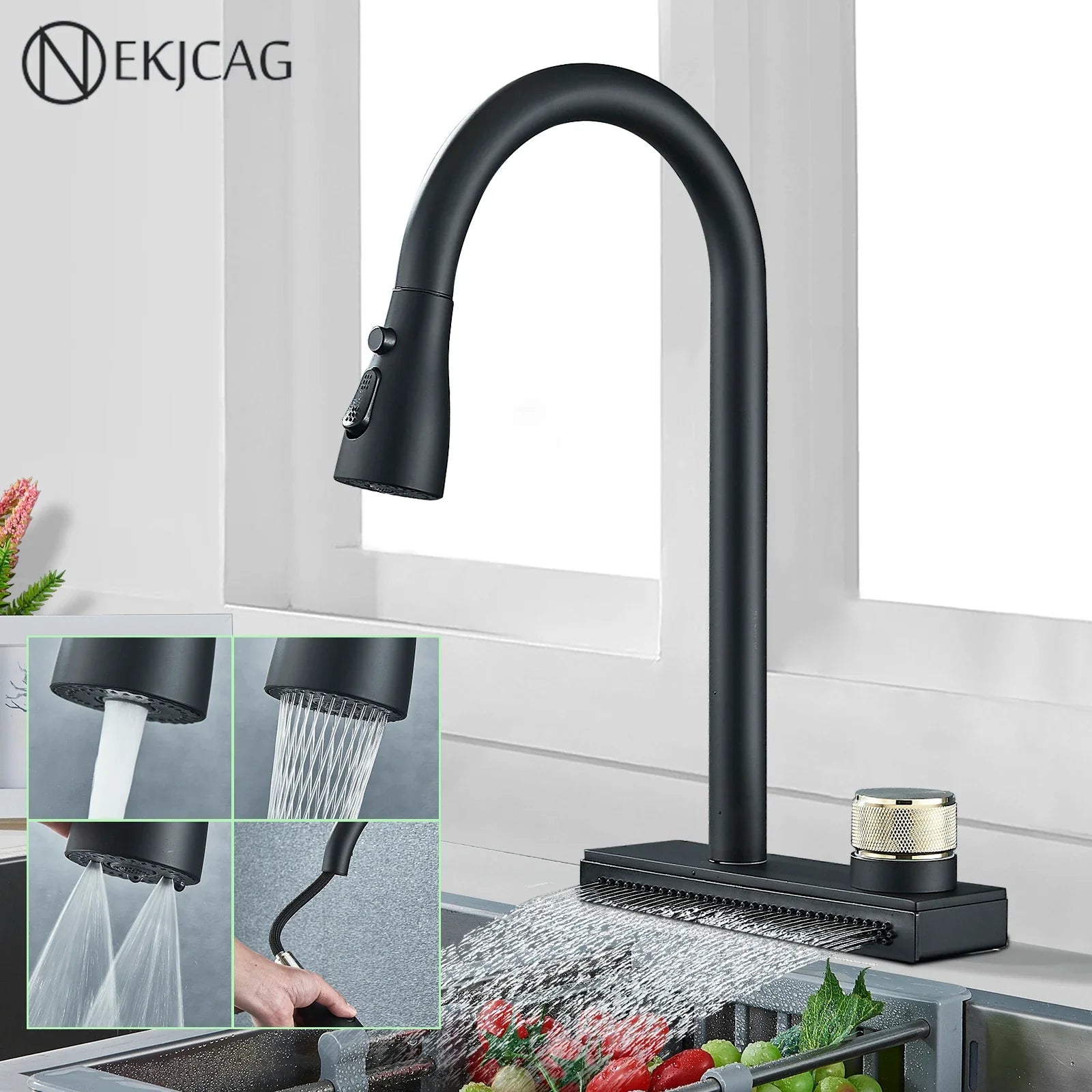 Afralia™ Black Kitchen Faucet: Flexible Pull Out 3 Nozzle Mixer Tap