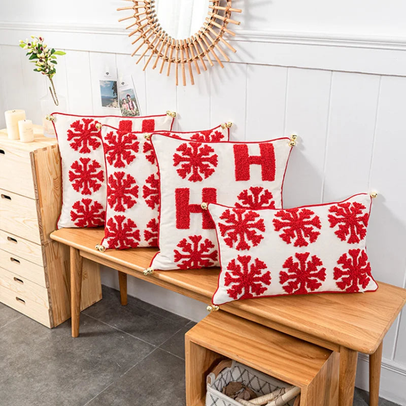 Afralia™ Red Snowflake Tufted Pillowcase for Festive Decor - Christmas Bell Design