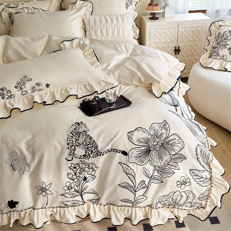 Afralia™ Vintage Flowers Leopard Print Ruffles Bedding Set in 100S Egyptian Cotton