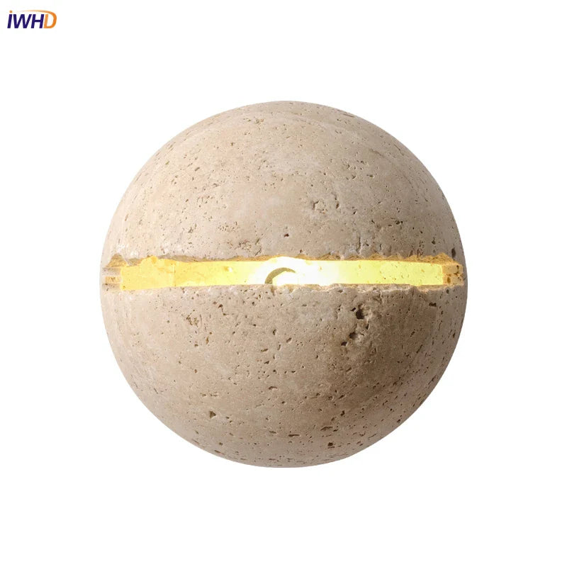 Afralia™ Yellow Travertine LED Wall Lamp Round Bedside Light Fixtures