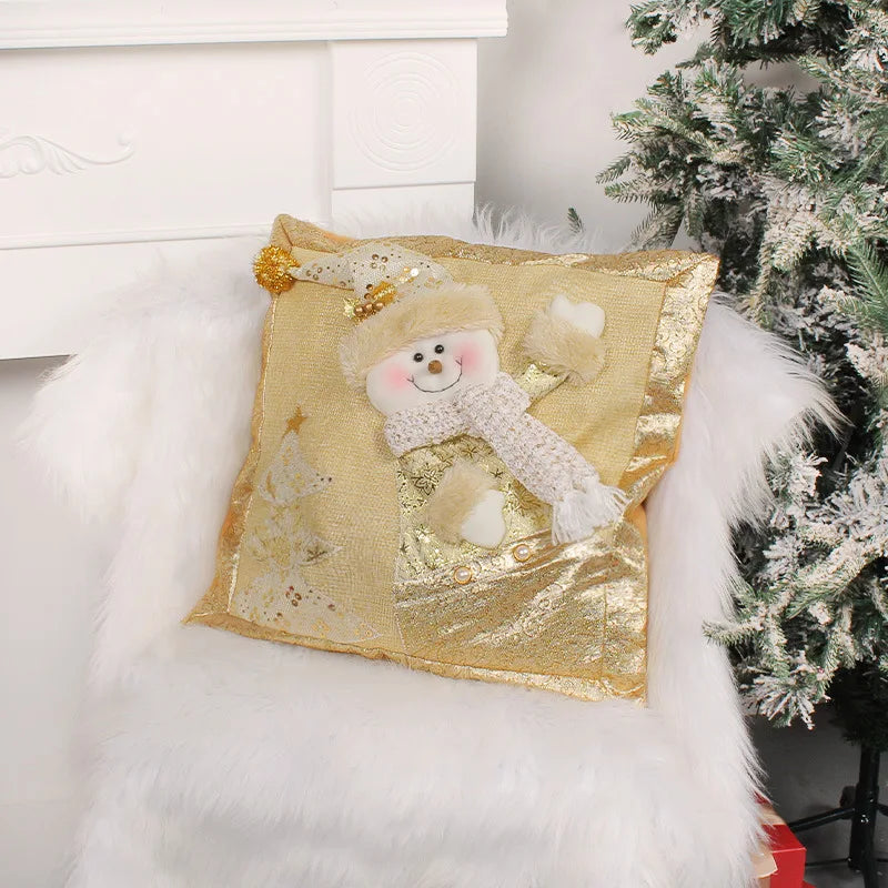 Afralia™ Christmas Snowman Elk Santa Claus Gold Embroidered Pillowcase