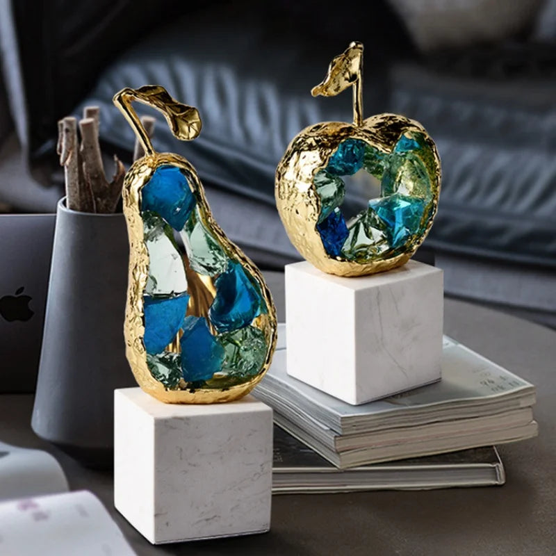 Afralia™ Crystal Fruit Sculpture Set: Golden Apple & Pear Handicrafts for Home Decoration