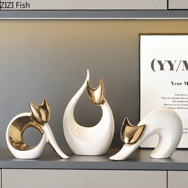 Afralia™ Ceramic Kitten Statue White Cat Sculpture Room Decor Aesthetics