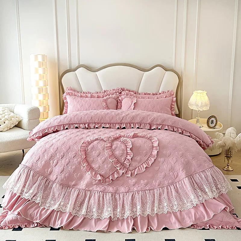 Afralia™ Korean Princess Style Bedding Set with Lace Ruffles and Love Theme