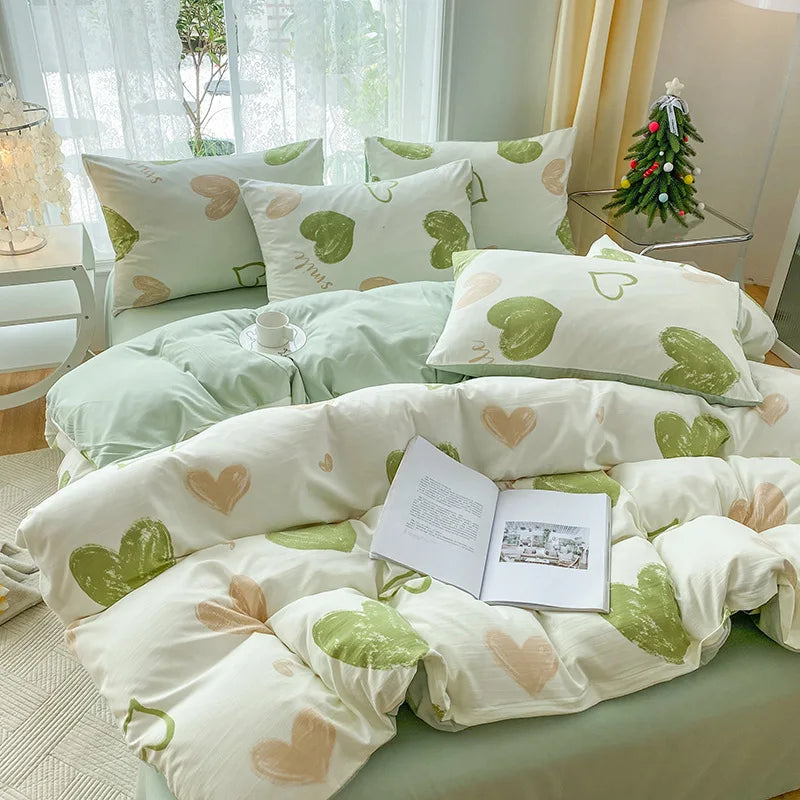 Afralia™ Cartoon Heart Plant Floral Print 3Pcs Set (Duvet Cover + Pillowcases)