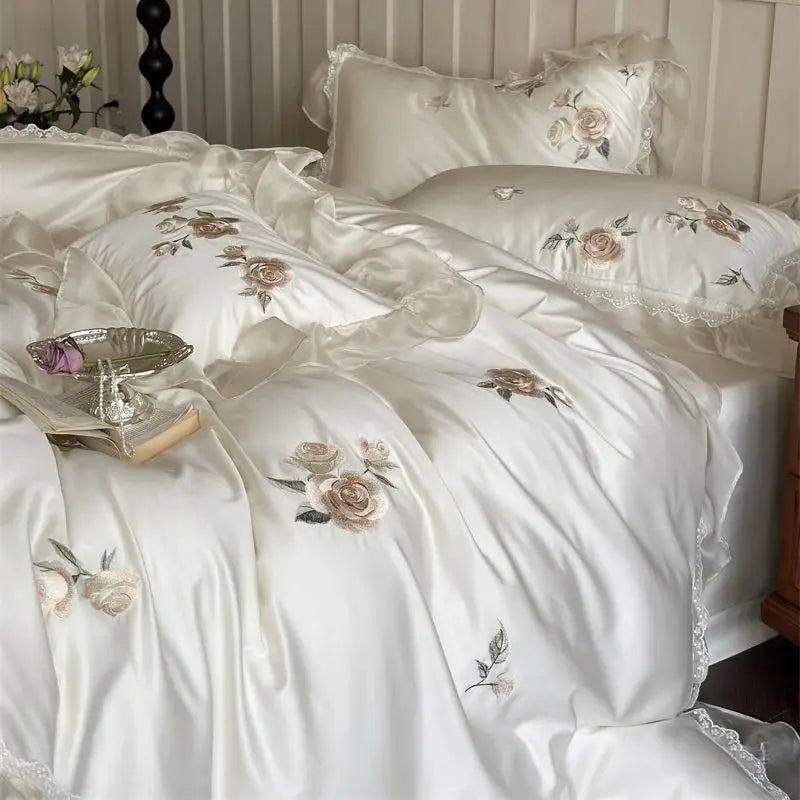 Afralia™ Rose Flowers Embroidery Lace Ruffles Wedding Bedding Set, 1000TC Egyptian Cotton
