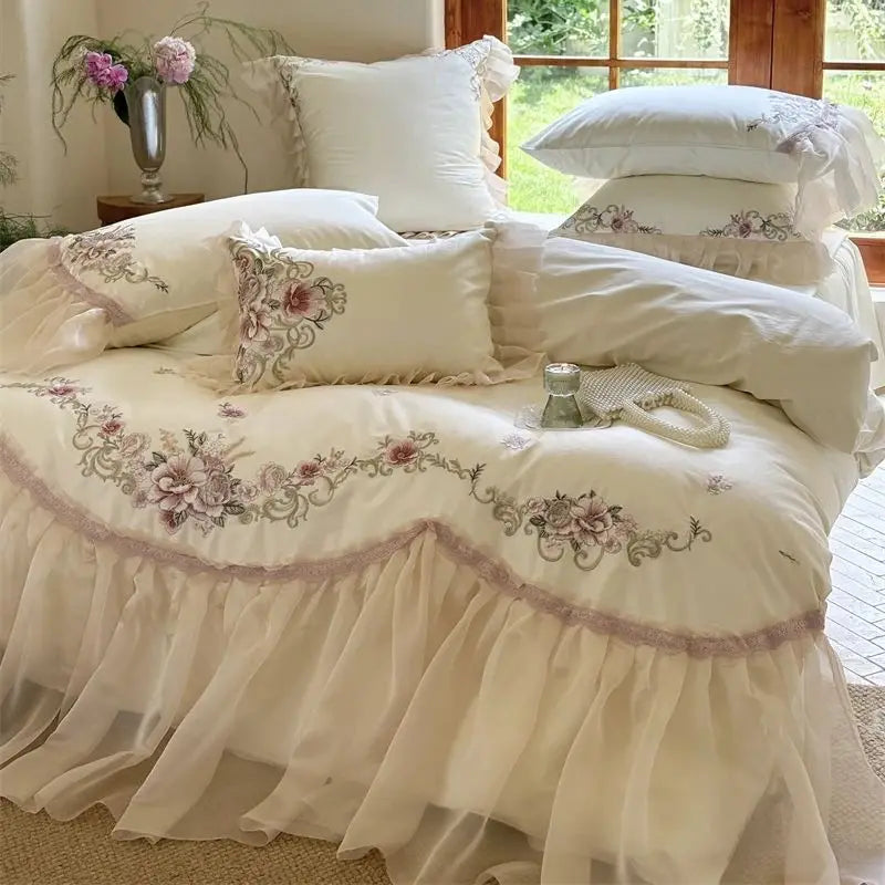 Afralia™ Elegant Flowers Embroidery Lace Princess Wedding Bedding Set - 1200TC Cotton Duvet Cover